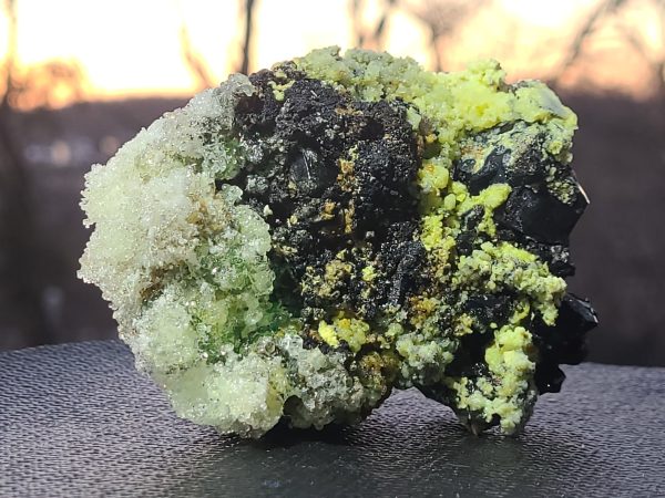 Haiweeite, Hyalite opal, Fluorite and Goethite on Schorl Toumaline - Erongo Namibia