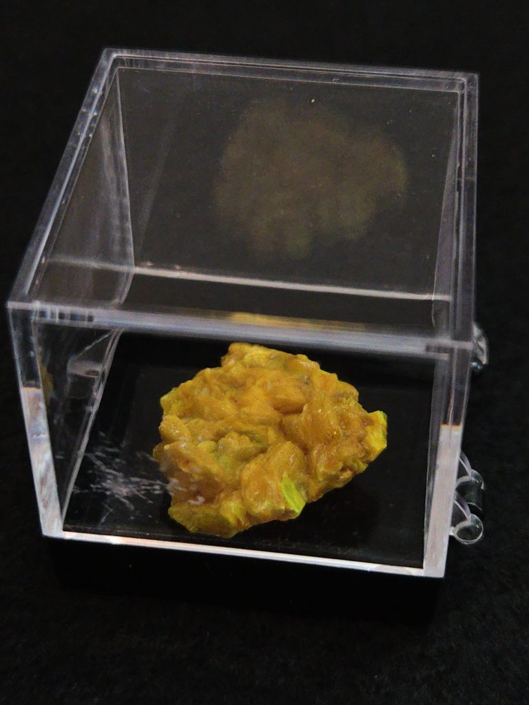 Autunite / Meta-autunite Crystal in Perky Box - Fluorescent Uranium Ore, 3.5 Grams 