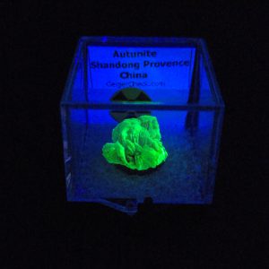 Autunite/Meta-Autunite Crystal in Perky Box – Fluorescent Uranium Ore, 3.5 Grams