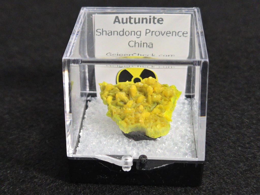 Autunite Crystal in Perky Box, 2.7 Grams – Fluorescent Uranium Ore