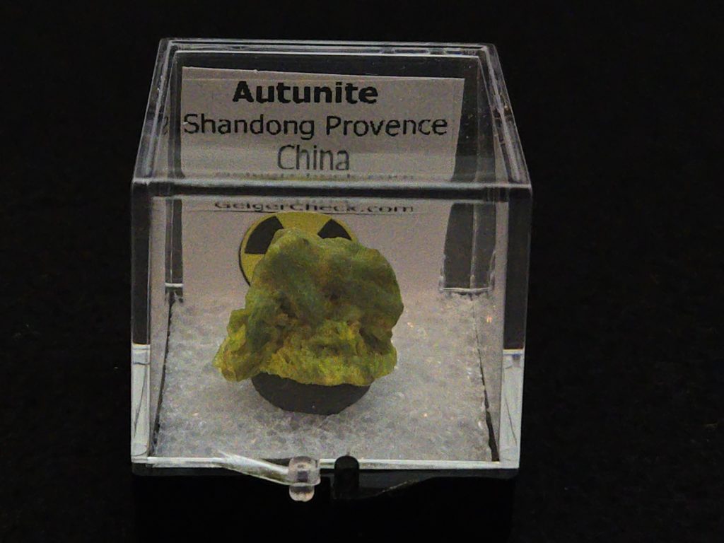 Autunite Crystal in Perky Box, 2.9 Grams – Fluorescent Uranium Ore