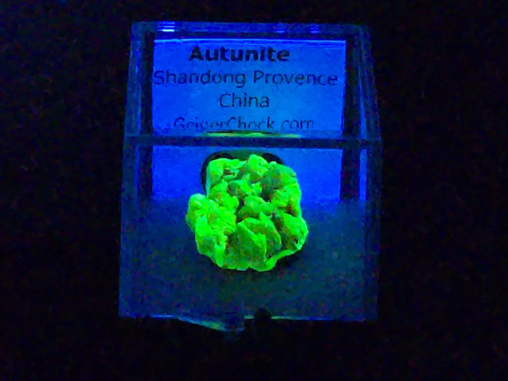 Autunite Crystal in Perky Box, 3 Grams – Fluorescent Uranium Ore 