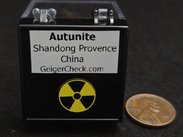 Autunite Crystal in Perky Box, 2.5 Grams – Fluorescent Uranium Ore