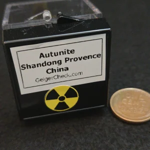 Autunite Crystal in Perky Box, 2.4 Grams – Fluorescent Uranium Ore